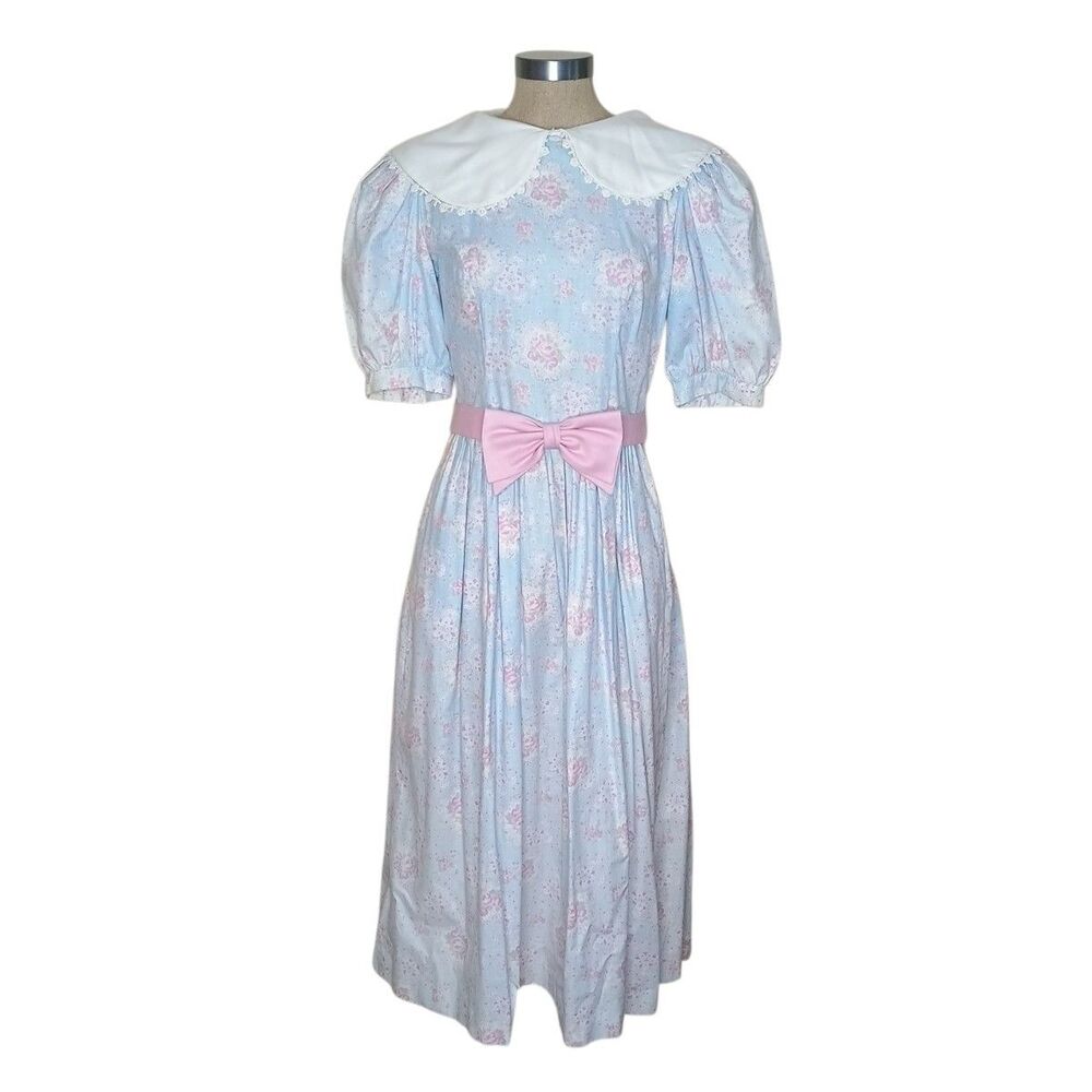 Vintage Lanz Originals 80s Dress Sz 8 Blue Pink Floral Cottagecore Belt Pockets
